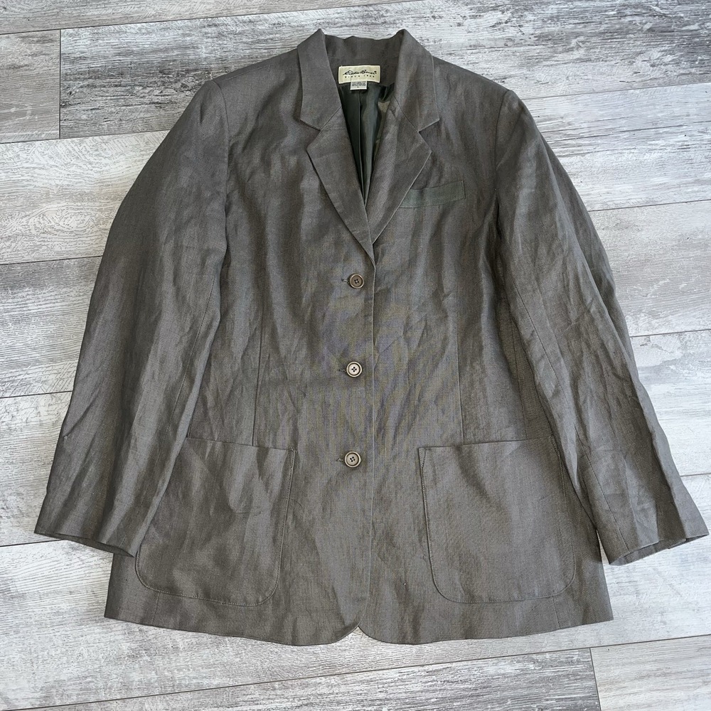 Eddie Bauer Blazer Women's Large Tan Linen 3 Button Jacket Sport Coat Adult Top